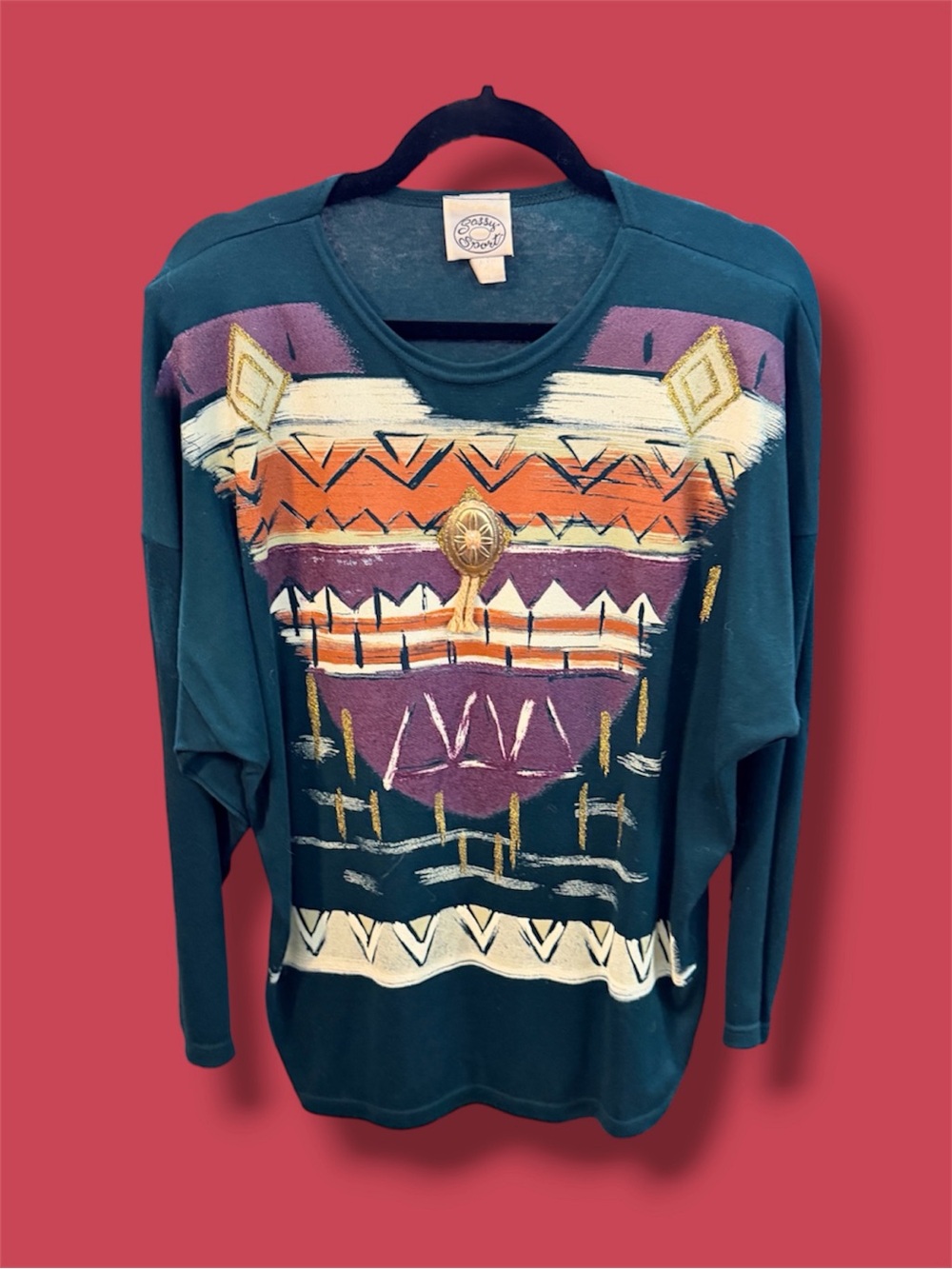Teal Tribal Heart Graphic Long-Sleeve Sweatshirt Made in the USA - Picture 2 of 7